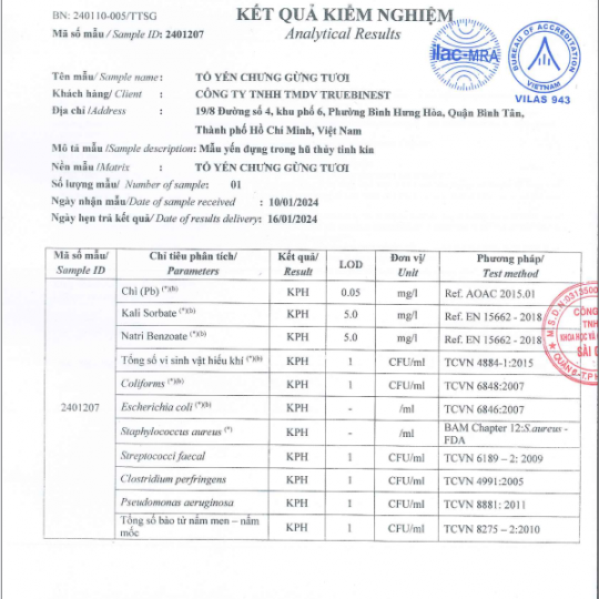 Giấy chứng nhận tổ yến chưng vị gừng tươi